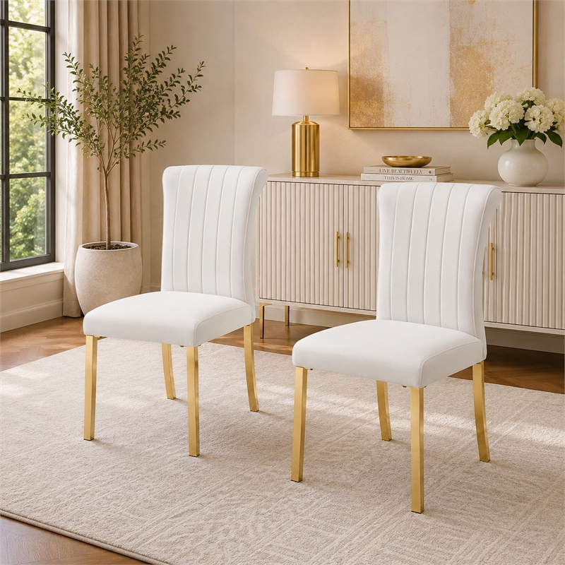 Dining Side Chair Set of 2- Channeled White Fabric- Gold Steel Base