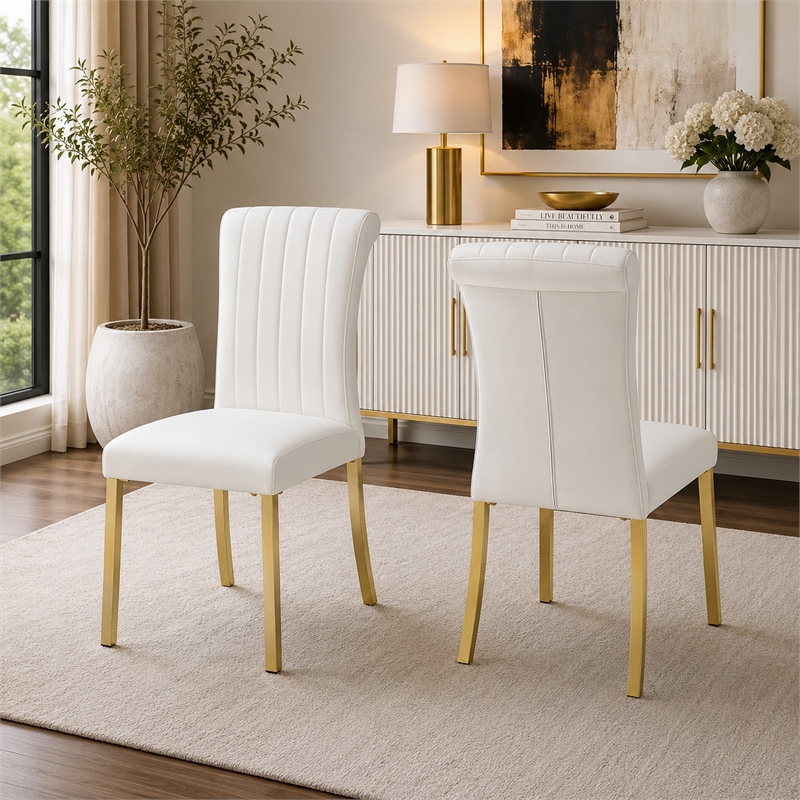 Dining Side Chair Set of 2- Channeled White Fabric- Gold Steel Base