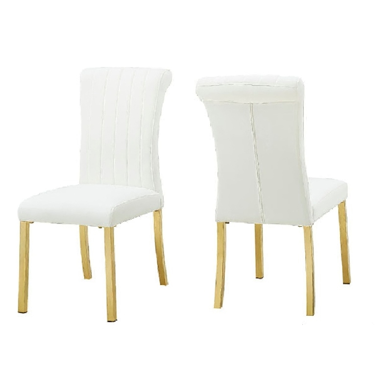 Dining Side Chair Set of 2- Channeled White Fabric- Gold Steel Base