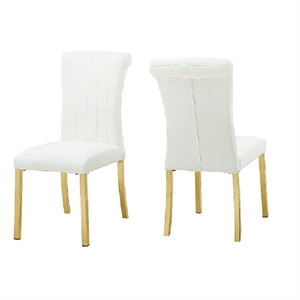 Dining Side Chair Set of 2- Channeled White Fabric- Gold Steel Base