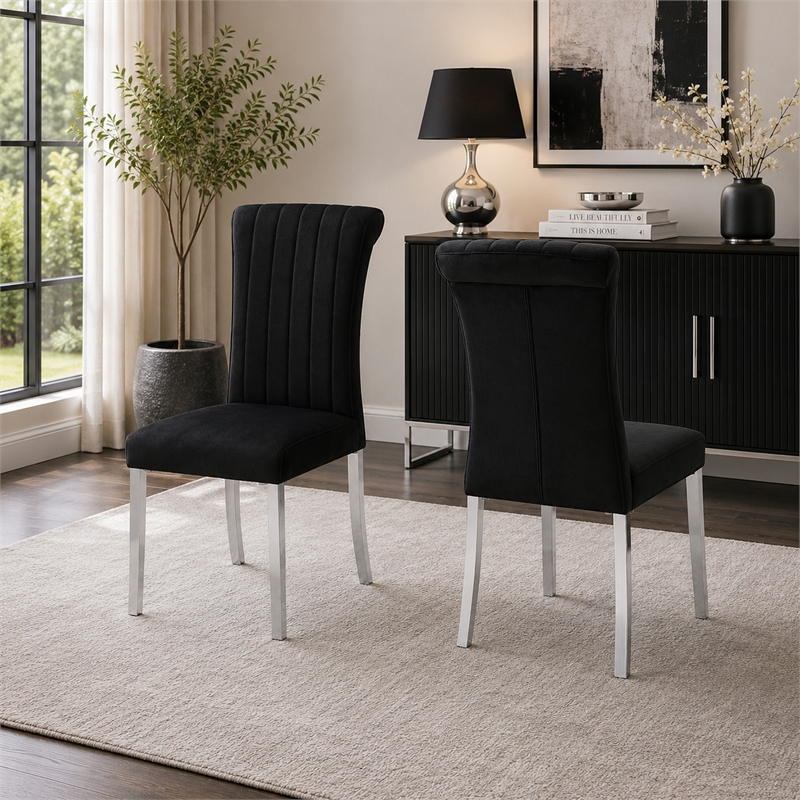 Hols Parson Dining Side Chair Set of 2- Black Fabric- Silver Steel Base