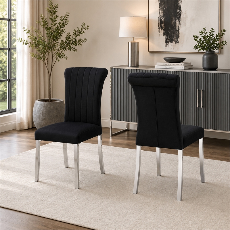 Hols Parson Dining Side Chair Set of 2- Black Fabric- Silver Steel Base