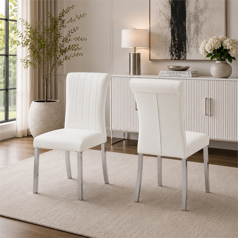 Hols Parson Dining Side Chair Set of 2- White Fabric- Silver Steel