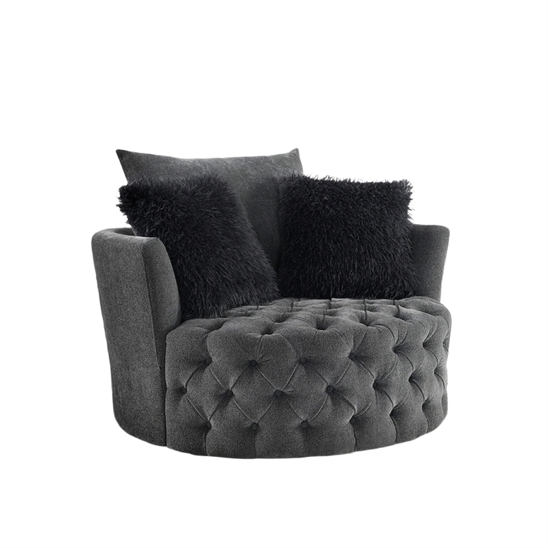 Sofia Swivel Accent Round Chair- Faux Fur Pillows- Dark Gray Tufted Fabric