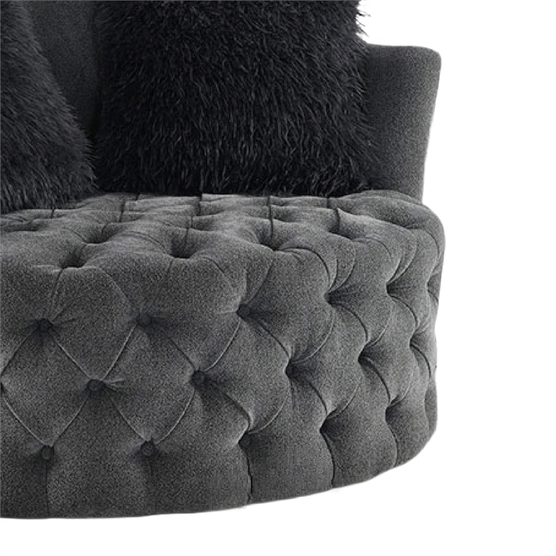 Sofia Swivel Accent Round Chair- Faux Fur Pillows- Dark Gray Tufted Fabric