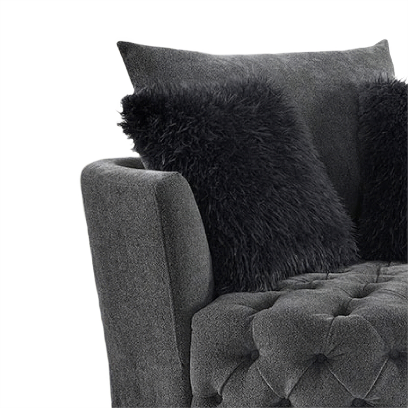 Sofia Swivel Accent Round Chair- Faux Fur Pillows- Dark Gray Tufted Fabric