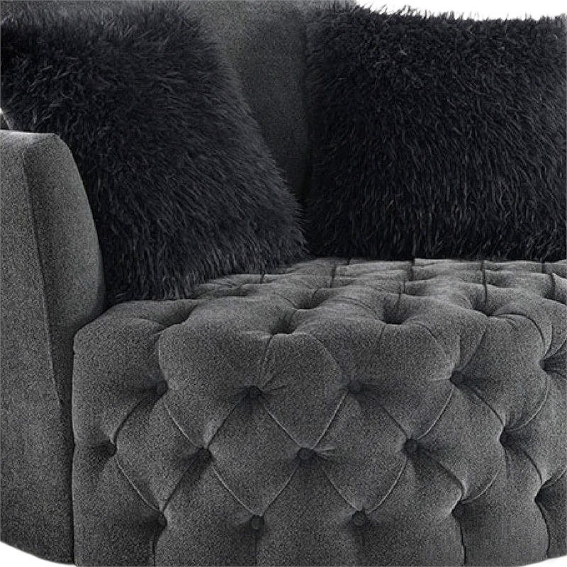 Sofia Swivel Accent Round Chair- Faux Fur Pillows- Dark Gray Tufted Fabric
