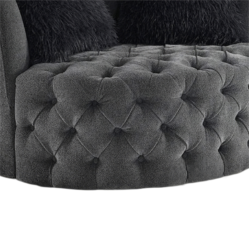 Sofia Swivel Accent Round Chair- Faux Fur Pillows- Dark Gray Tufted Fabric