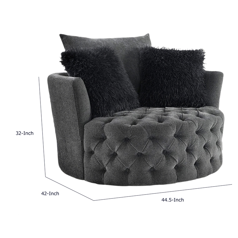 Sofia Swivel Accent Round Chair- Faux Fur Pillows- Dark Gray Tufted Fabric