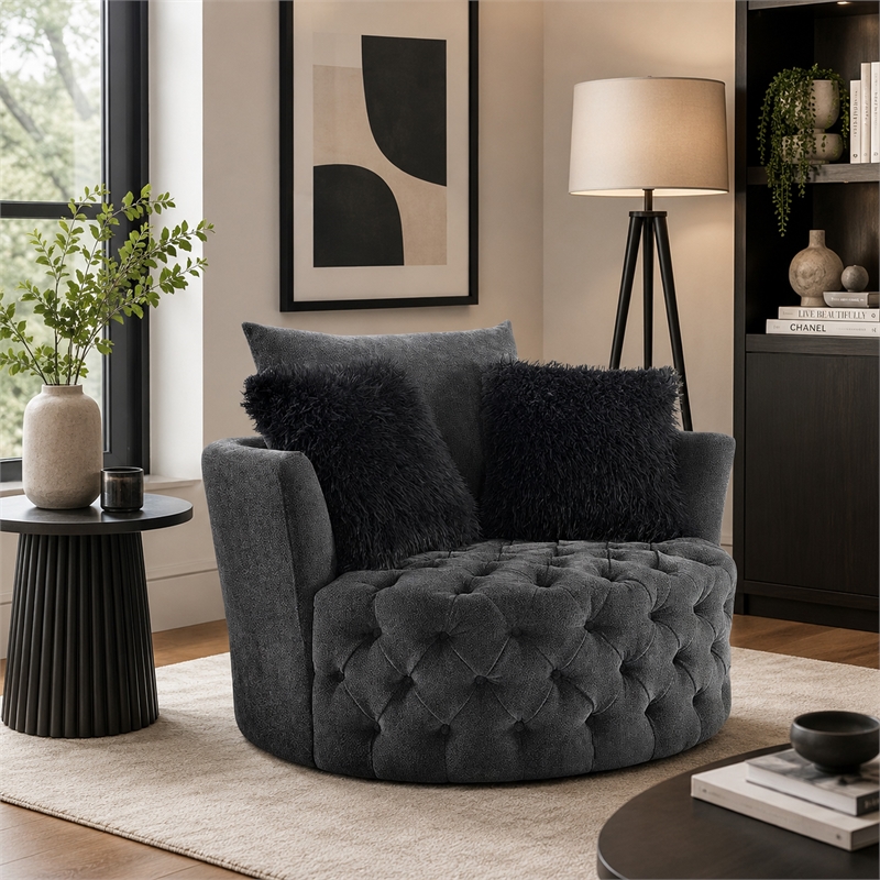 Sofia Swivel Accent Round Chair- Faux Fur Pillows- Dark Gray Tufted Fabric