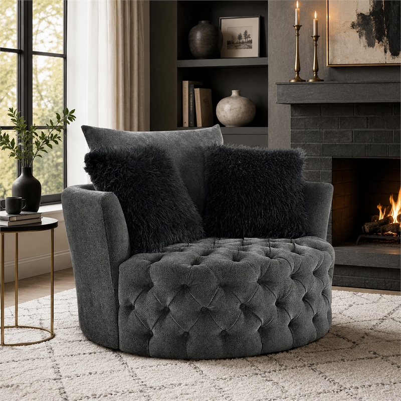 Sofia Swivel Accent Round Chair- Faux Fur Pillows- Dark Gray Tufted Fabric