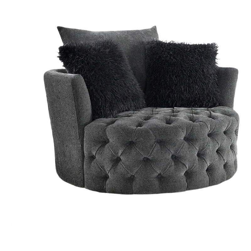 Sofia Swivel Accent Round Chair- Faux Fur Pillows- Dark Gray Tufted Fabric