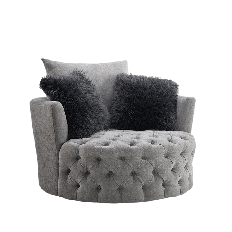 Sofia Swivel Accent Chair- Faux Fur Pillows- Light Gray Tufted Fabric