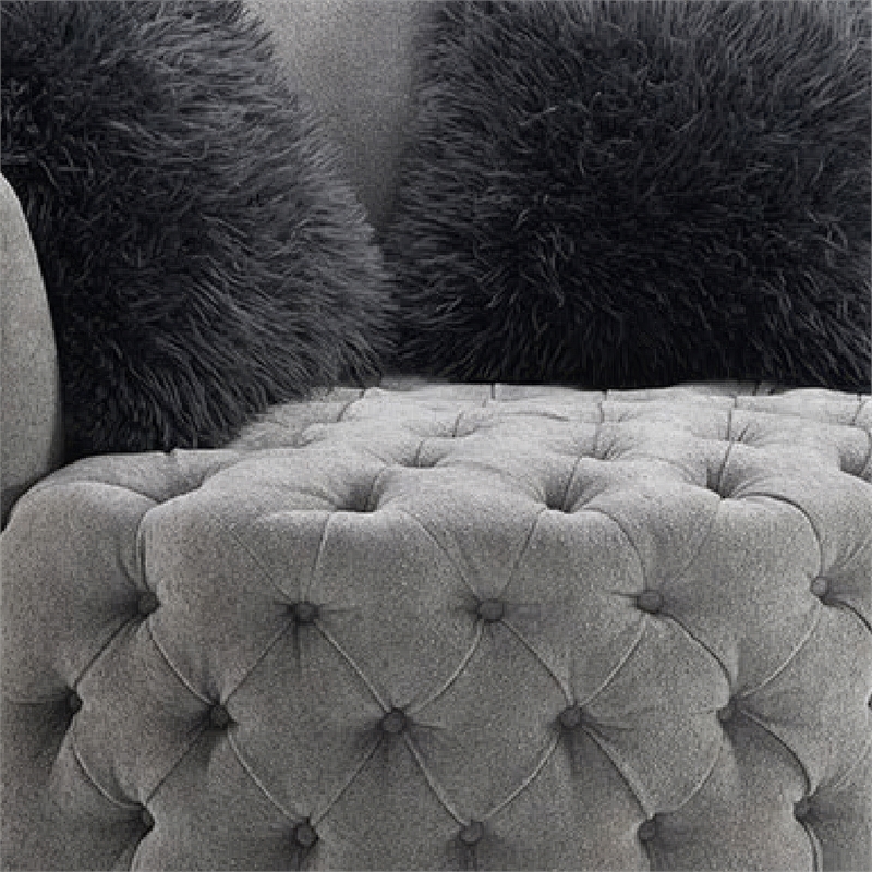 Sofia Swivel Accent Chair- Faux Fur Pillows- Light Gray Tufted Fabric