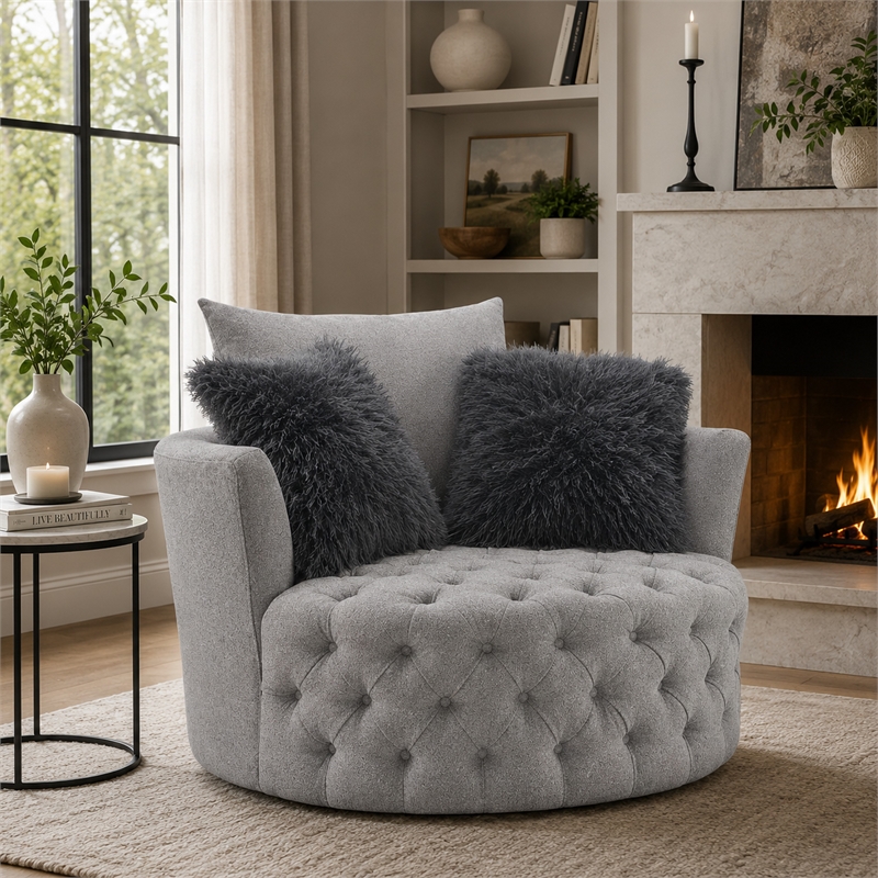 Sofia Swivel Accent Chair- Faux Fur Pillows- Light Gray Tufted Fabric