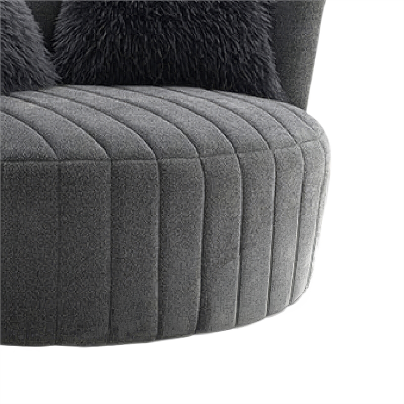 Hedy Swivel Accent Chair- Faux Fur Pillows- Dark Gray Channeled Fabric