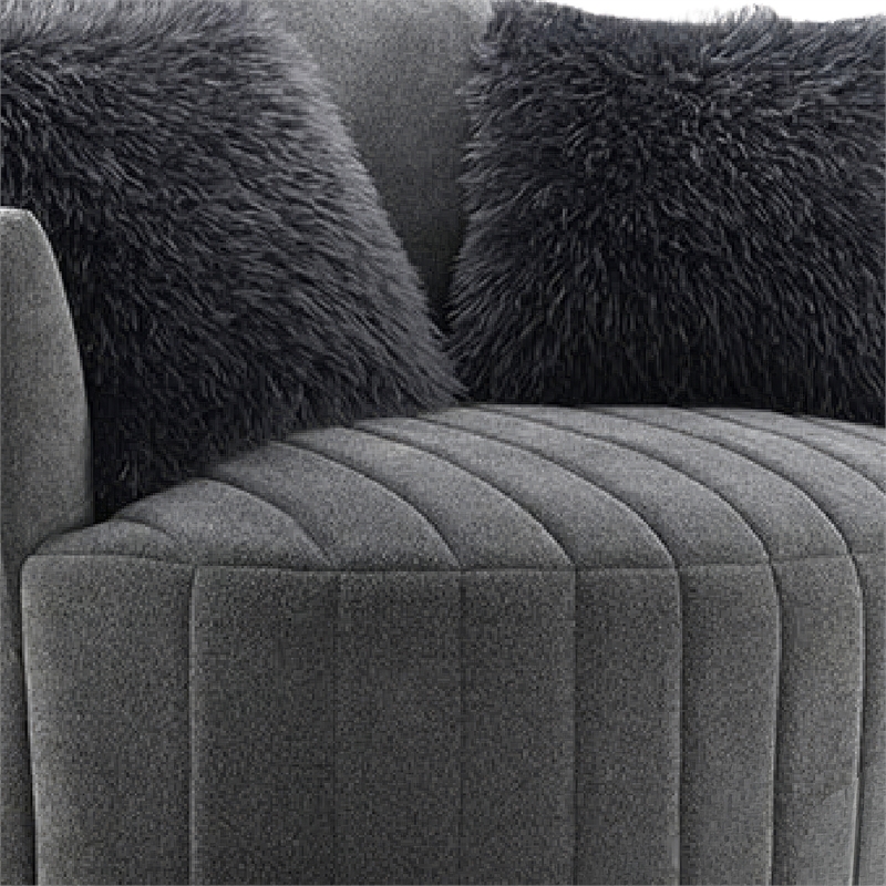 Hedy Swivel Accent Chair- Faux Fur Pillows- Dark Gray Channeled Fabric
