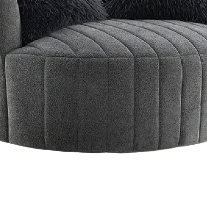 Hedy Swivel Accent Chair- Faux Fur Pillows- Dark Gray Channeled Fabric