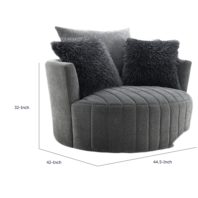 Hedy Swivel Accent Chair- Faux Fur Pillows- Dark Gray Channeled Fabric