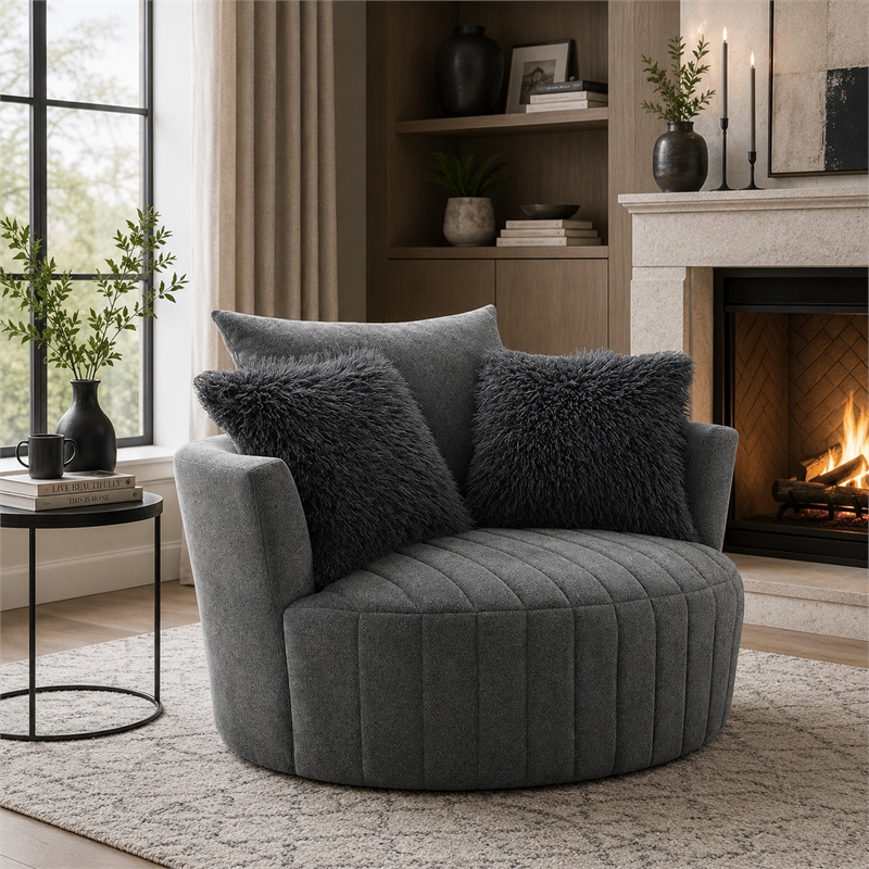 Hedy Swivel Accent Chair- Faux Fur Pillows- Dark Gray Channeled Fabric