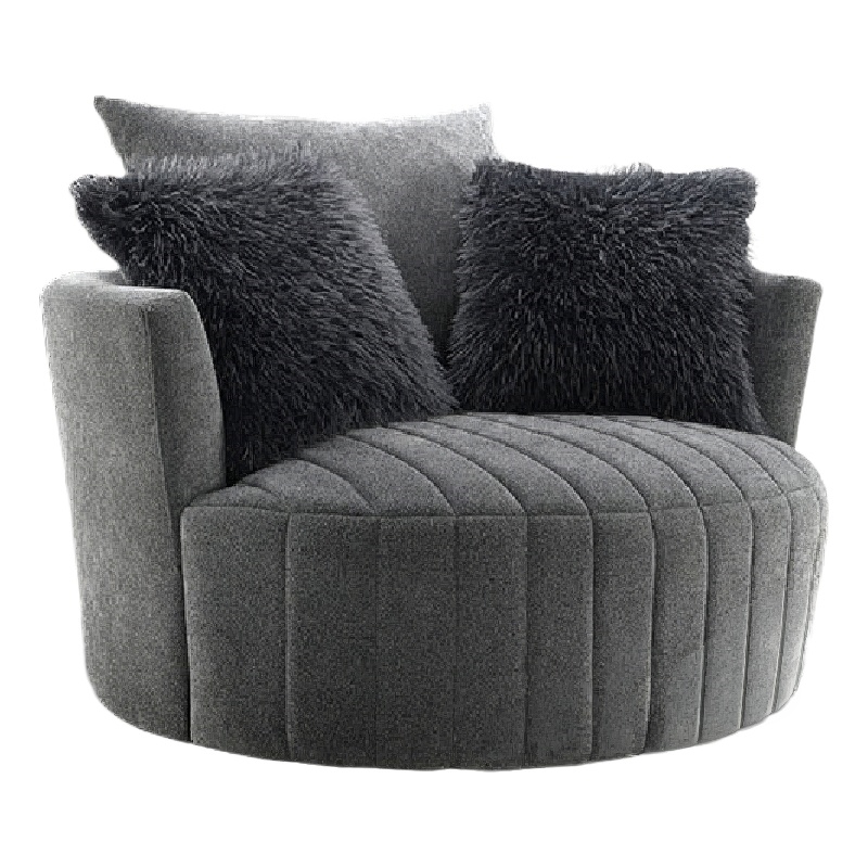 Hedy Swivel Accent Chair- Faux Fur Pillows- Dark Gray Channeled Fabric