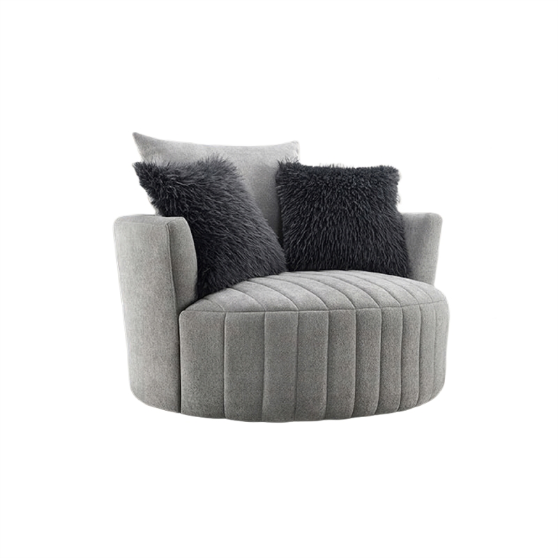 Hedy Swivel Accent Chair- Faux Fur Pillow- Light Gray Channeled Fabric