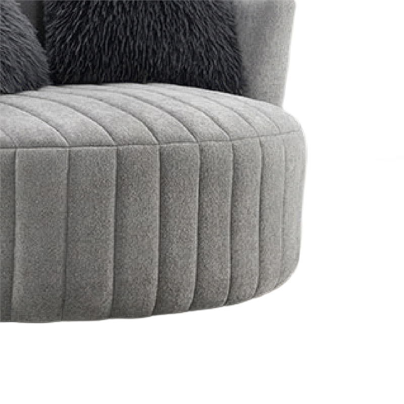 Hedy Swivel Accent Chair- Faux Fur Pillow- Light Gray Channeled Fabric