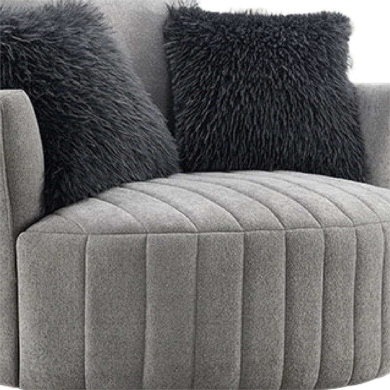 Hedy Swivel Accent Chair- Faux Fur Pillow- Light Gray Channeled Fabric