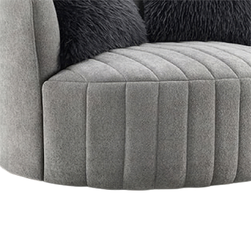 Hedy Swivel Accent Chair- Faux Fur Pillow- Light Gray Channeled Fabric