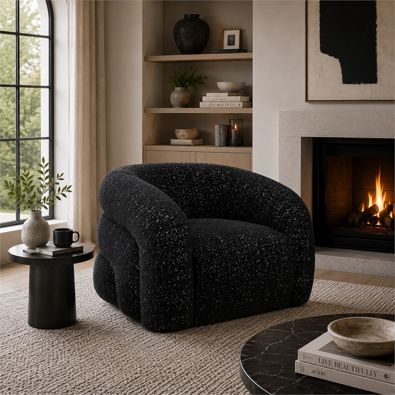 Savio Swivel Accent Chair- Sculpted Curved Design- Black Boucle Fabric