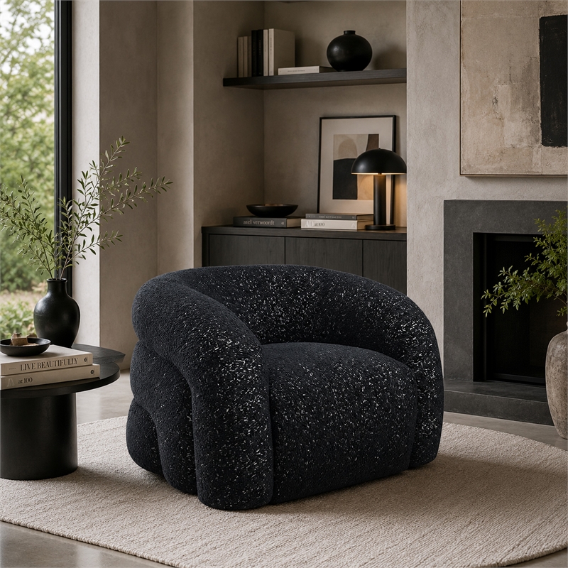 Savio Swivel Accent Chair- Sculpted Curved Design- Black Boucle Fabric