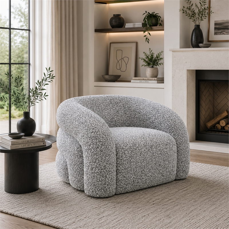 Savio Swivel Accent Chair- Sculpted Curved Design- Gray Boucle Fabric