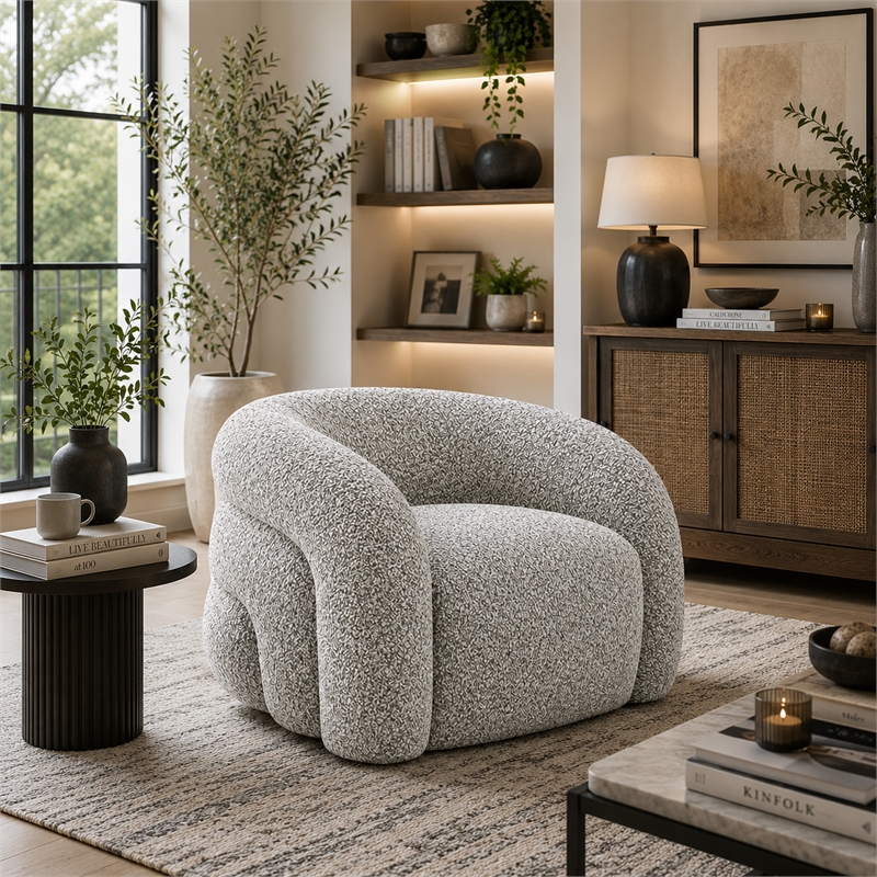 Savio Swivel Accent Chair- Sculpted Curved Design- Gray Boucle Fabric