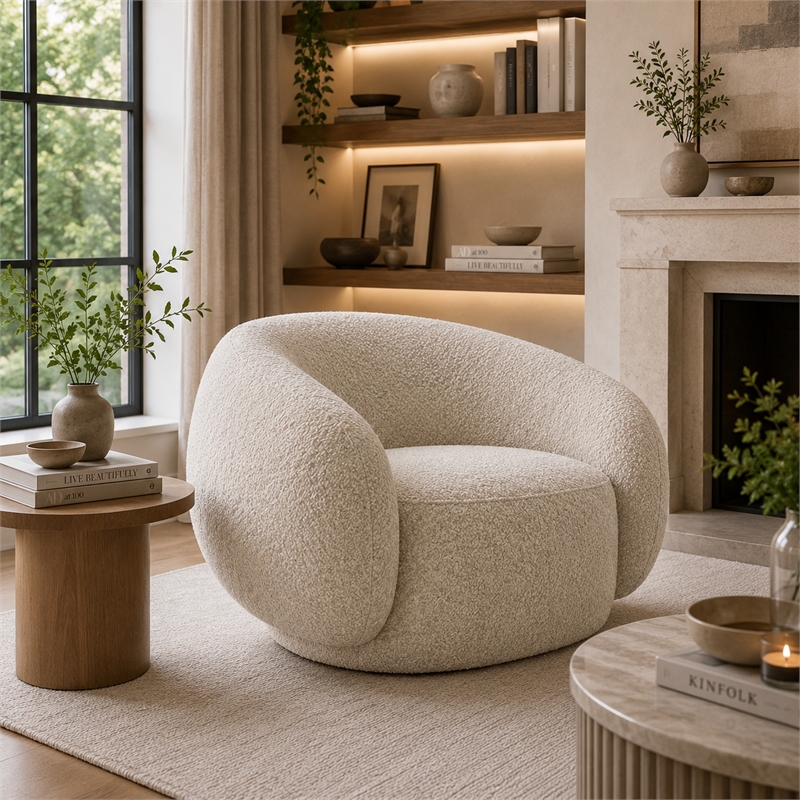 Freda Swivel Accent Chair with Sculpted Curved Profile- Beige Boucle