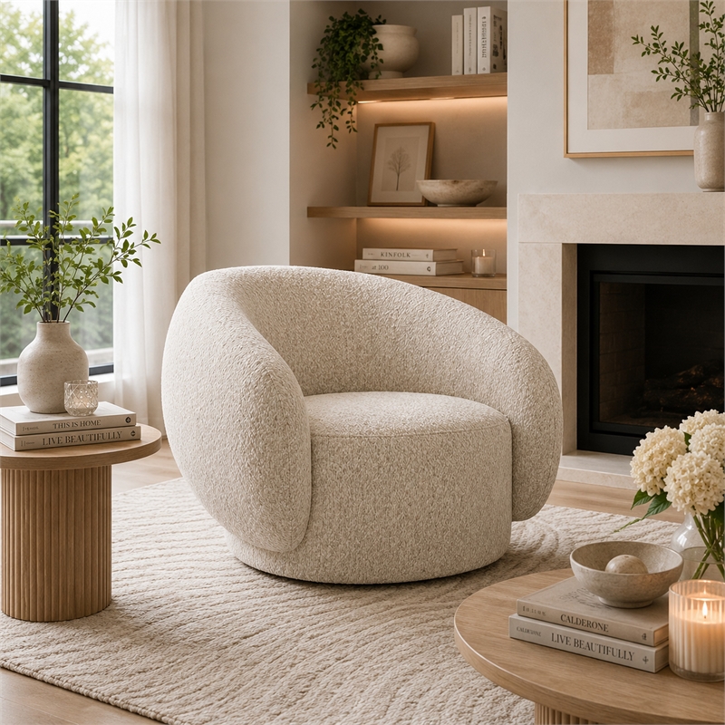 Freda Swivel Accent Chair with Sculpted Curved Profile- Beige Boucle