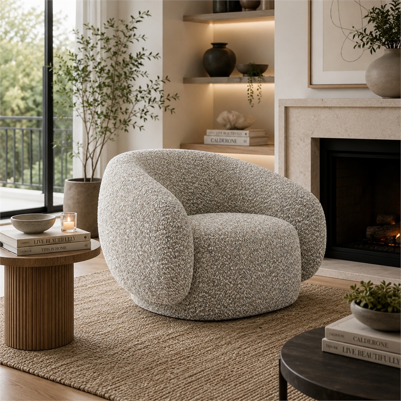 Freda Swivel Accent Chair with Sculpted Curved Profile- Brown Boucle