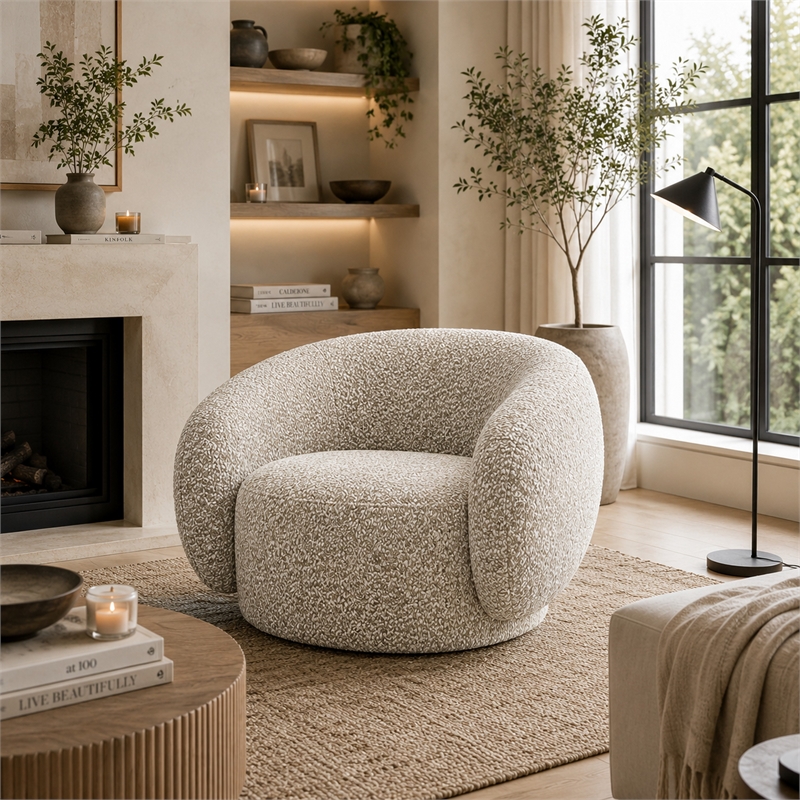 Freda Swivel Accent Chair with Sculpted Curved Profile- Brown Boucle