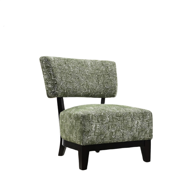 Beth Accent Chair with Angled Back- Black Wood- Green Abstract Fabric