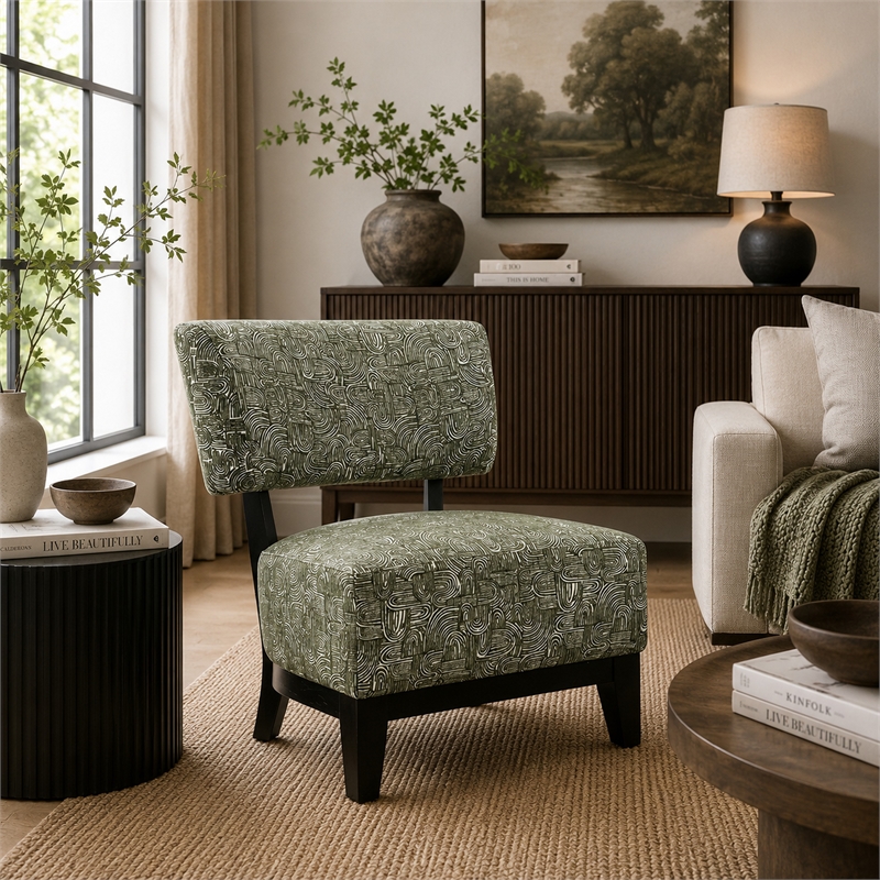 Beth Accent Chair with Angled Back- Black Wood- Green Abstract Fabric