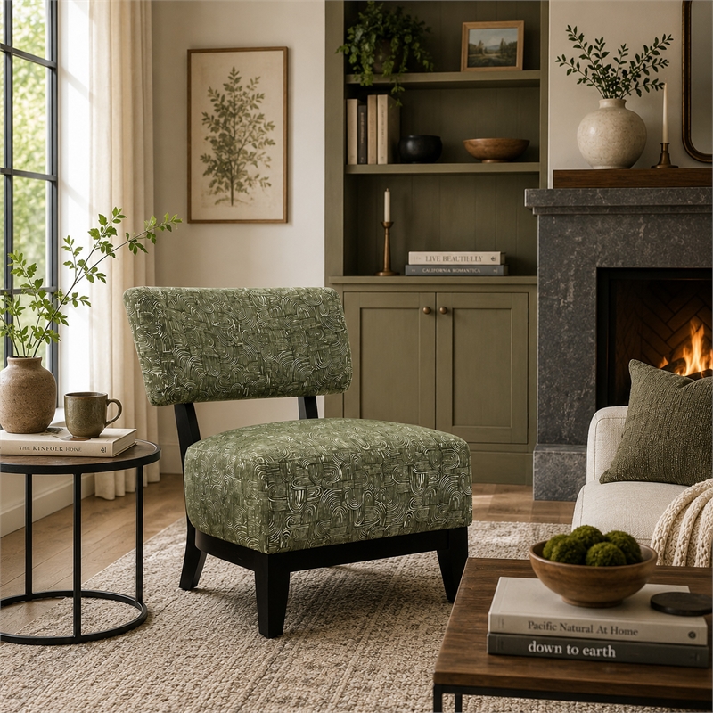 Beth Accent Chair with Angled Back- Black Wood- Green Abstract Fabric