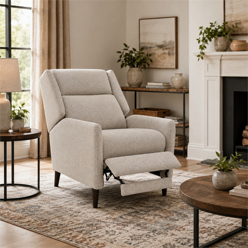 Cien Pushback Recliner Chair with High Back and Tapered Legs- Beige Fabric