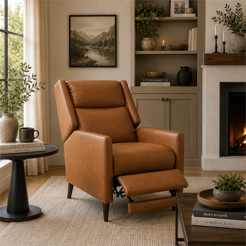 Pushback Recliner Chair- High Back and Tapered Legs- Brown Faux-Leather