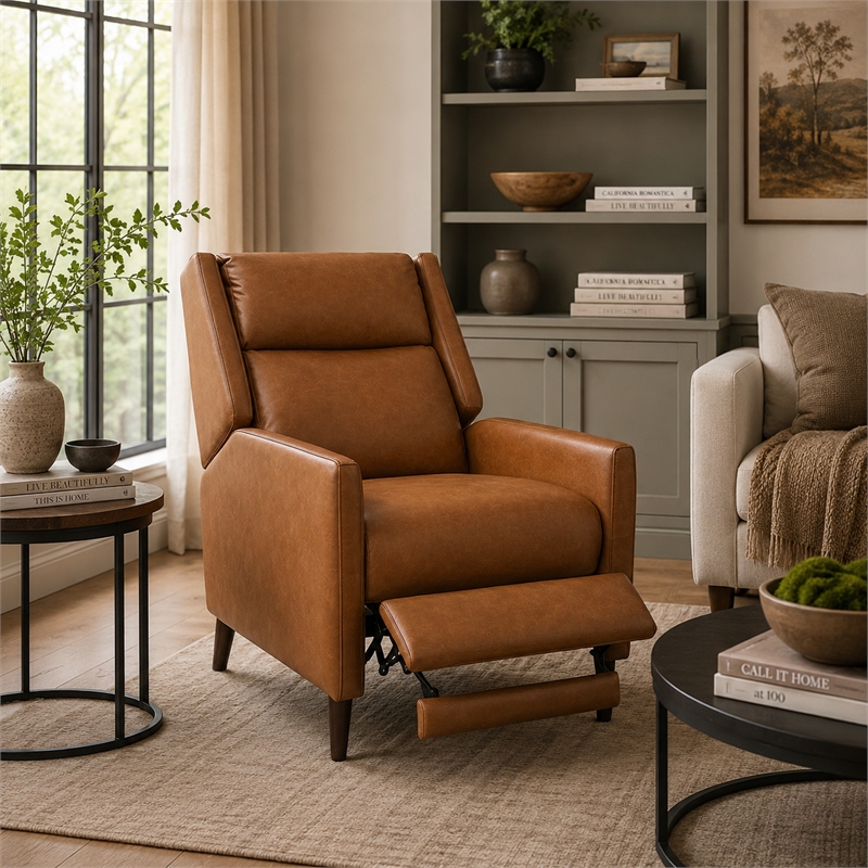 Pushback Recliner Chair- High Back and Tapered Legs- Brown Faux-Leather