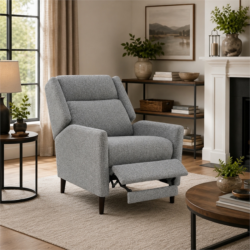 Cien Pushback Recliner Chair with High Back and Tapered Legs- Gray Fabric