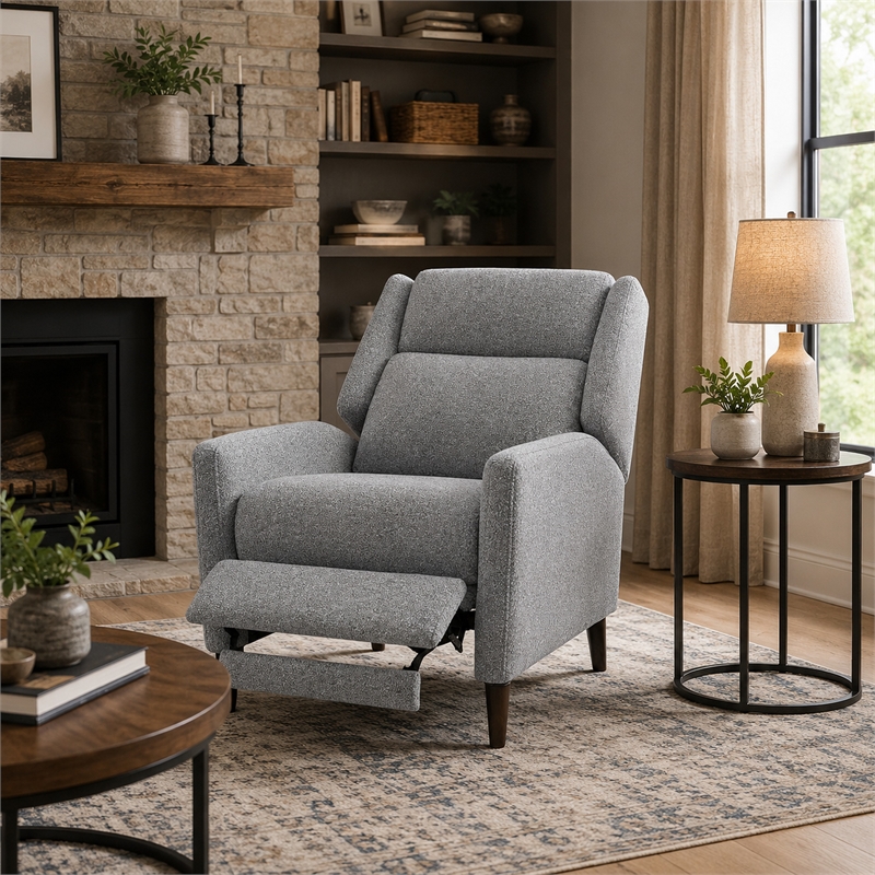 Cien Pushback Recliner Chair with High Back and Tapered Legs- Gray Fabric