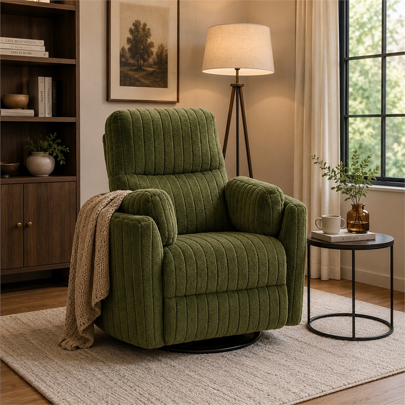 Bela Power Glider Recliner Swivel Chair- Eucalyptus Wood- Green Fabric