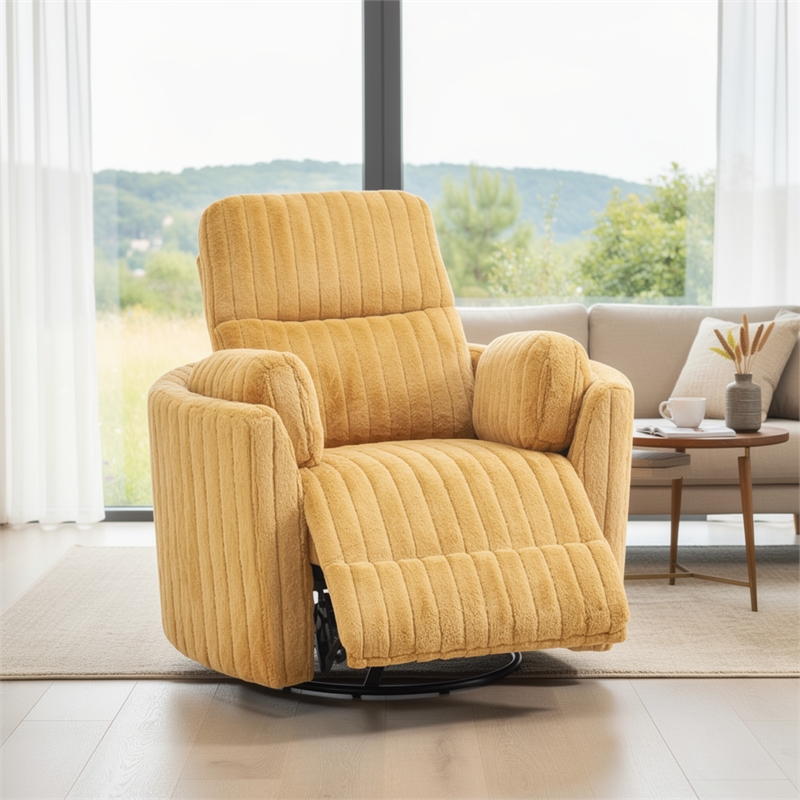 Power Glider Recliner Chair with Swivel- Eucalyptus Wood- Yellow Fabric