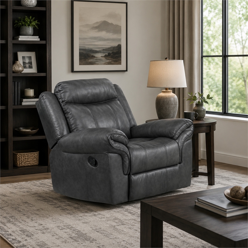 Arisa Manual Glider Recliner Chair w Wood Frame- Dark Gray Faux Leather