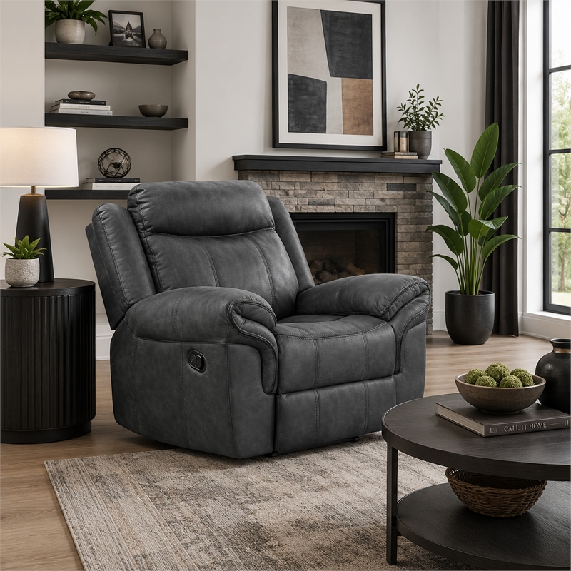 Arisa Manual Glider Recliner Chair w Wood Frame- Dark Gray Faux Leather
