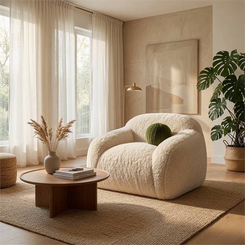 Dera Swivel Barrel Sofa Chair- Olive Green Pillow- Sand Beige Faux Fur
